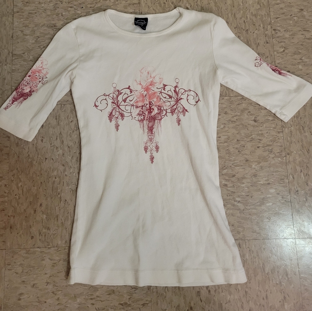 Sledge USA Floral Ribbed 3/4 Sleeve Graphic Shirt White Size Small